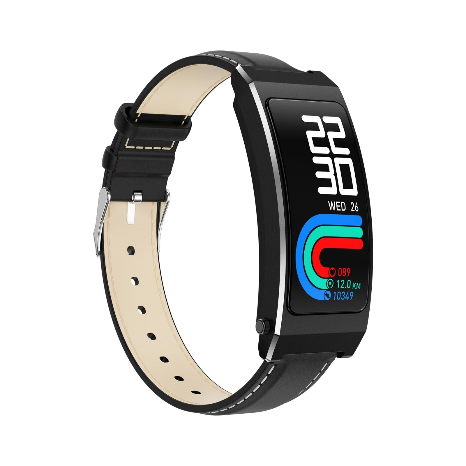 Smart Health Monitoring Bracelet With Bt Call And Leather Strap - Black Silicone Strap