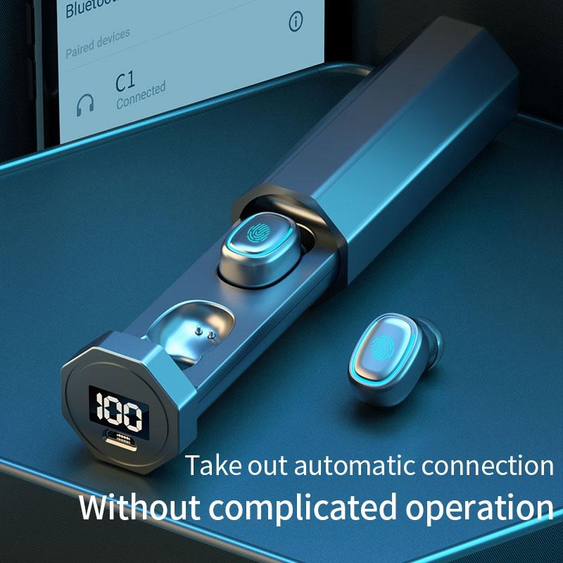 True Wireless Bluetooth Earphones with Digital Display and Charging Box - Black