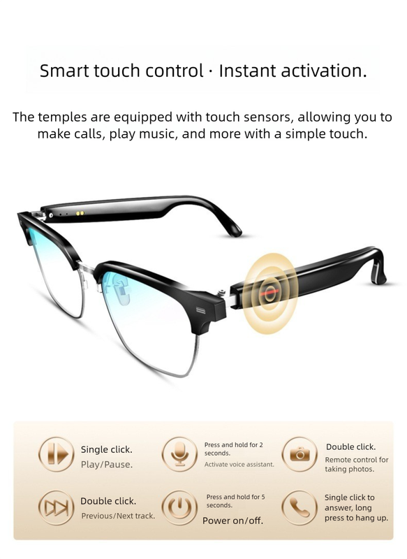 Black Full Frame Sunglasses Smart Audio Glasses with Bluetooth 5.0 - Open-Ear Directional Sound, Anti-Blue Light Lenses, IP65 Water Resistant